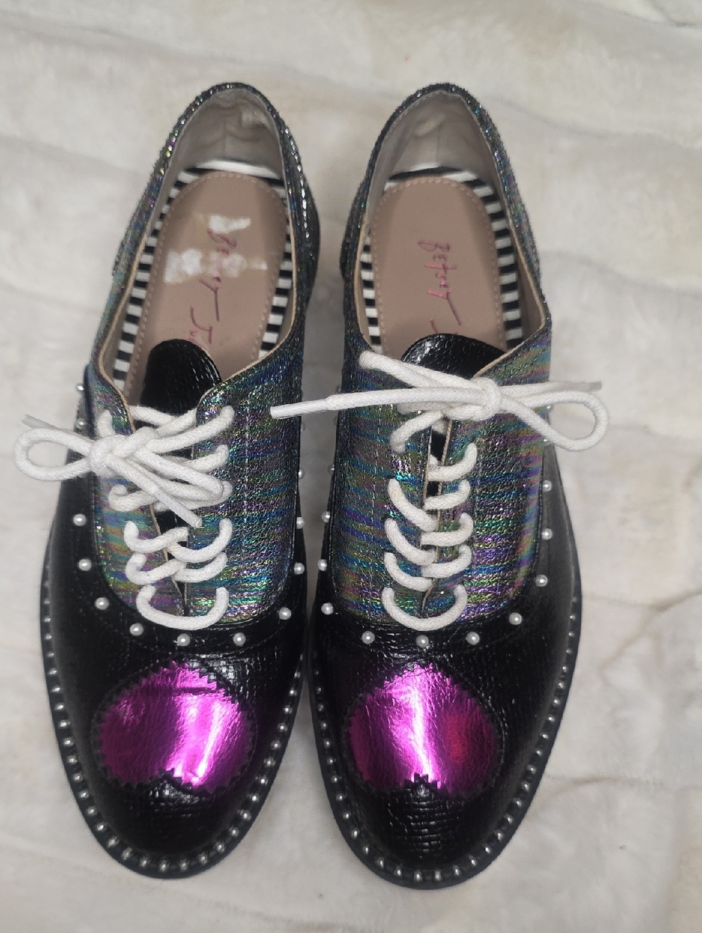 Betsey Johnson Black Oxfords with Iridescent Upper & Pink Toe Caps